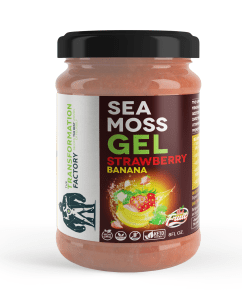 A jar of strawberry banana sea moss gel